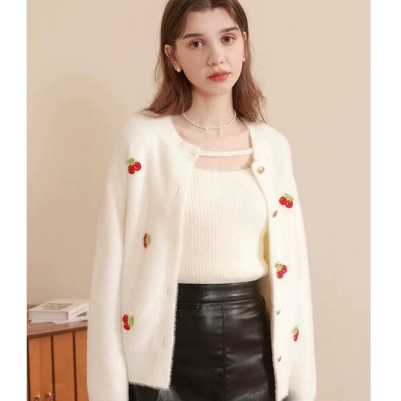 Korean brand fuzzy sweater - red cherry cardigan - Picture 2 of 6